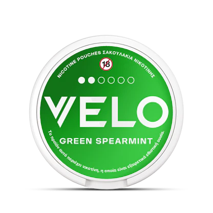 Το VELO Green Spearmint είναι ένα πράσινο και λευκό στρογγυλό δοχείο με λευκό κείμενο, ιδανικό για τη φύλαξη φυτικών φακελλίσκων νικοτίνης.