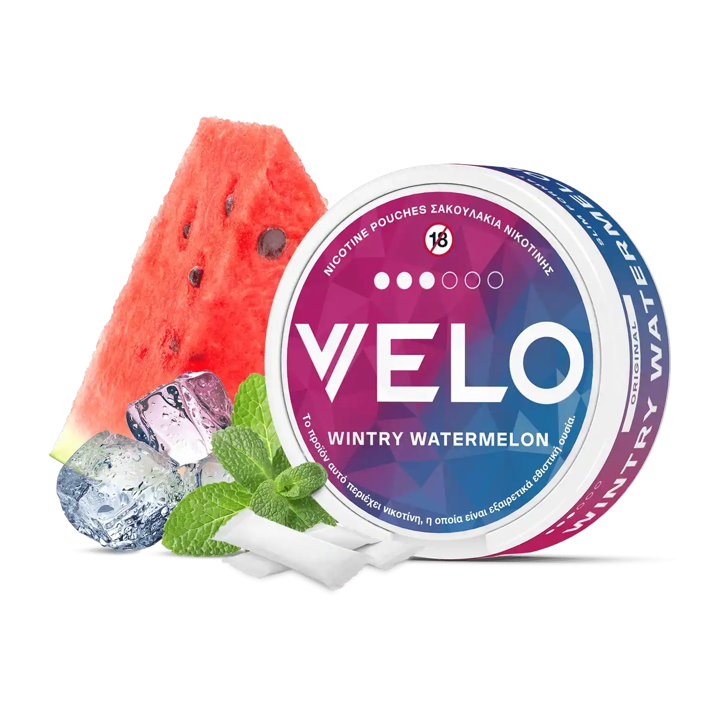 Ένα στρογγυλό κουτί με την ένδειξη VELO Wintry Watermelon απεικονίζεται με μια φέτα καρπούζι, παγάκια, φύλλα μέντας και λευκά σακουλάκια, τονίζοντας τη δροσιστική γεύση των σακουλιών νικοτίνης φυτικής προέλευσης.